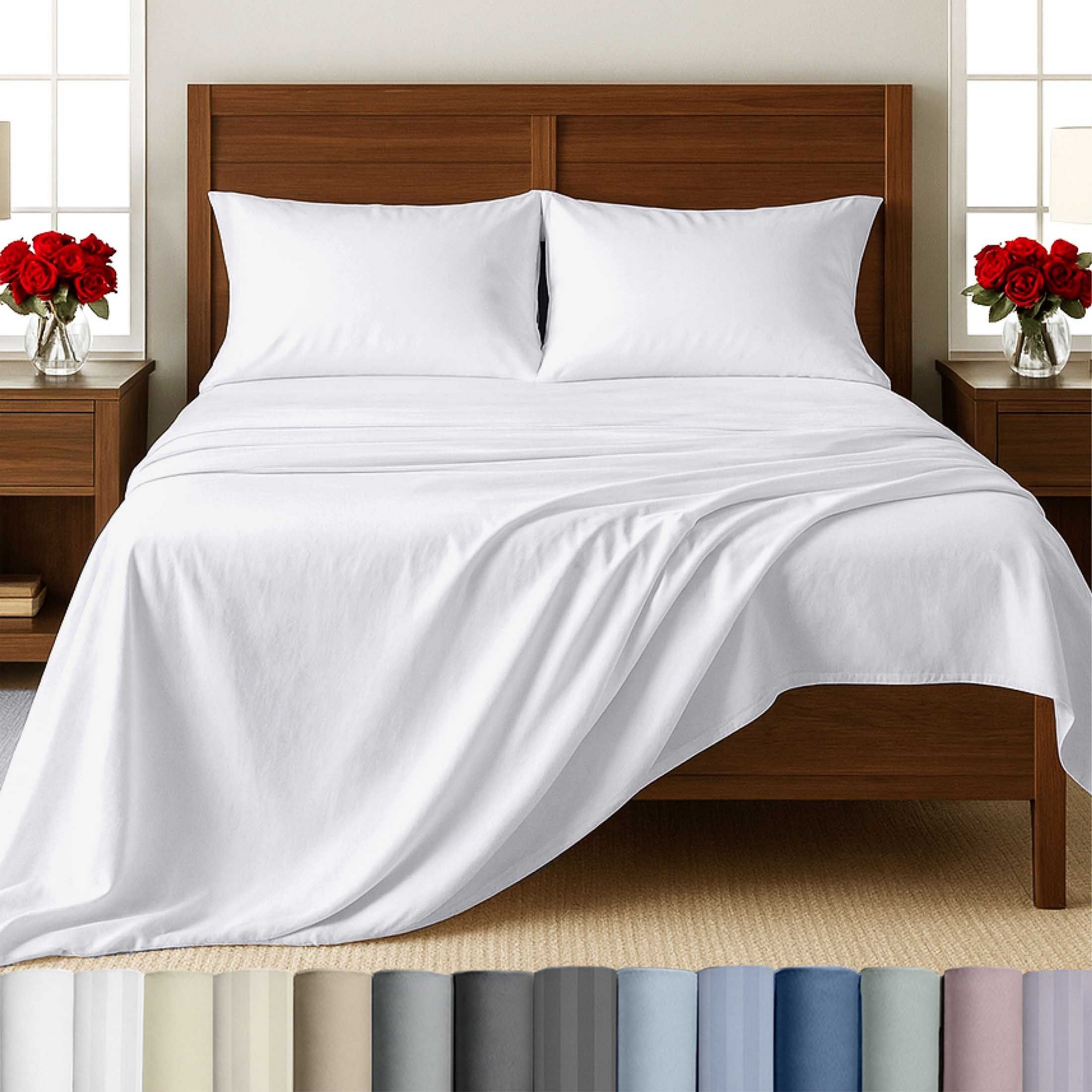 White -King Sheet Set, 100% Extra Long Staple Cotton, 500 Thread Count Sateen Weave, 4 Piece Set, California Design Den
