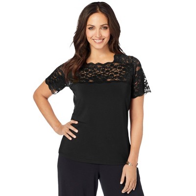 Jessica London Women's Plus Size Stretch Lace Neckline Top