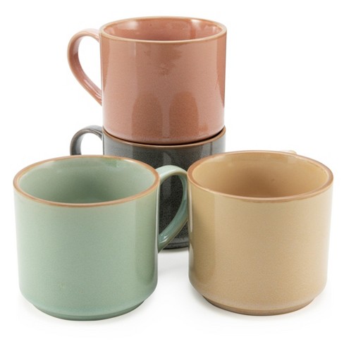 American Atelier Stackable Stoneware 16 oz. Coffee Mugs Set, Cups for  Kitchen Countertop, Tabletop, Island, Set of 4,Multicolor w/ Gold Rim