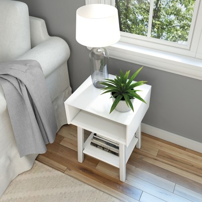 White Mid-Century Modern Wooden Nightstand with Cubby Shelf