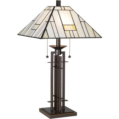 Mission Tiffany Style Table Lamp with Table Top Dimmer Bronze Wrought Iron Stained Glass Shade for Living Room Bedroom House Home