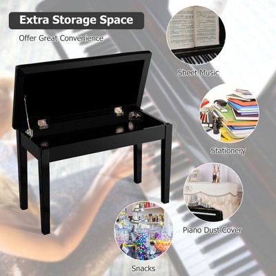Elegant Solid Wood and Black PU Leather Double Duet Piano Bench with Storage
