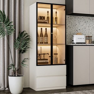 ATJafurn 23.6'' White China Cabinet Lighted Dining Cabinet Display Cabinet with Glass Doors and Drawers and LED Light for Living Room Dining Room - 1 of 4