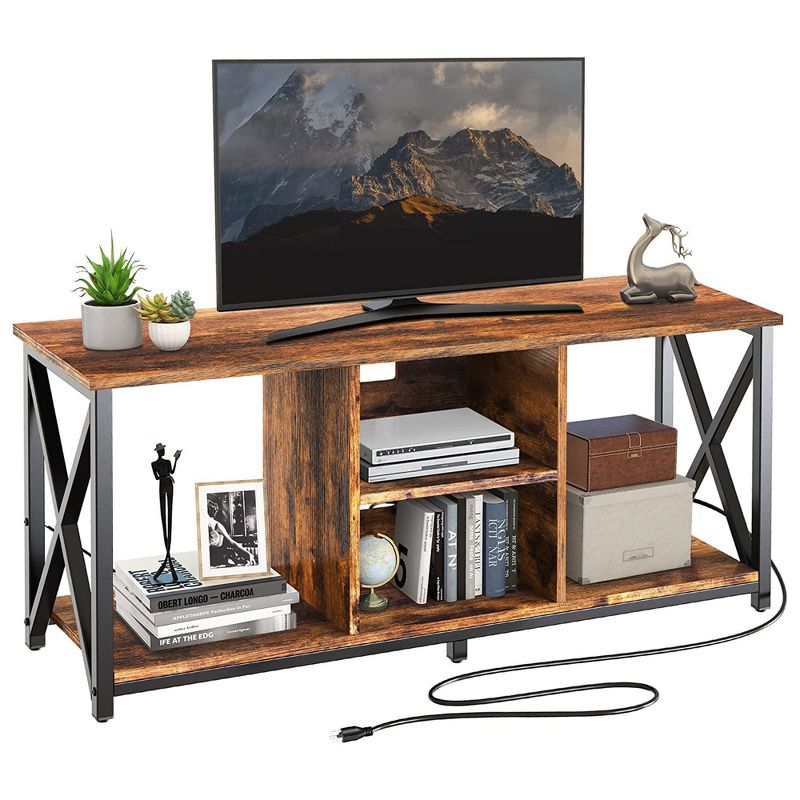 Fabato Wood TV Stand and Entertainment Center with Socket Plug-In Station, Height Adjustable Shelf, and Wire Threading Holes, 4 of 7