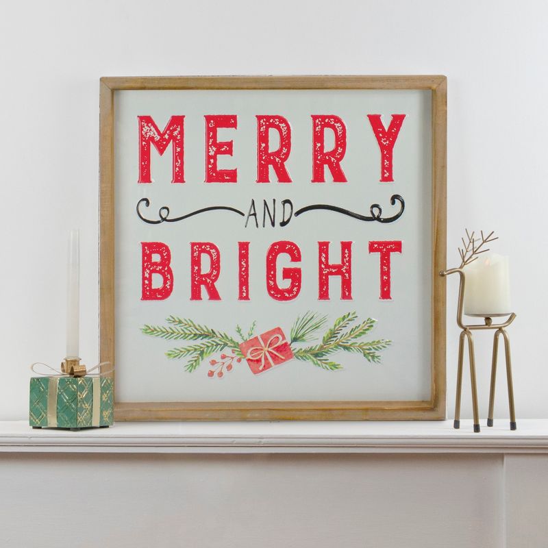 Northlight 16" Wooden Framed "Merry And Bright" Metal Christmas Sign, 2 of 5