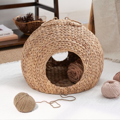 FURNIinspire Woven Wicker Round Cat Bed Cave with Handles,For Any Size Cat Breeds,Use with Cat Tower,18"*18"*18"