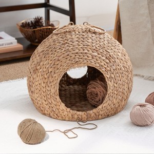 FURNIinspire Woven Wicker Round Cat Bed Cave with Handles,For Any Size Cat Breeds,Use with Cat Tower,18"*18"*18" - 1 of 4