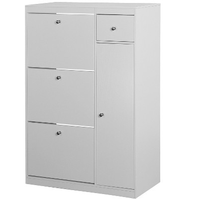 Vynxaria Freestanding Shoe Cabinet ¨C Modern White Tipping Bucket Rack with 3 Flip Drawers, Adjustable Shelf for Narrow Entryway Storage.