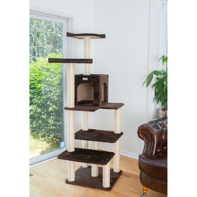 66-Inch Coffee Brown Faux Fur Multi-Level Cat Tree with Sisal Posts
