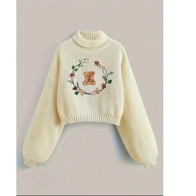ITAFIT Bear Embroidery Turtle Neck Pullover Sweater