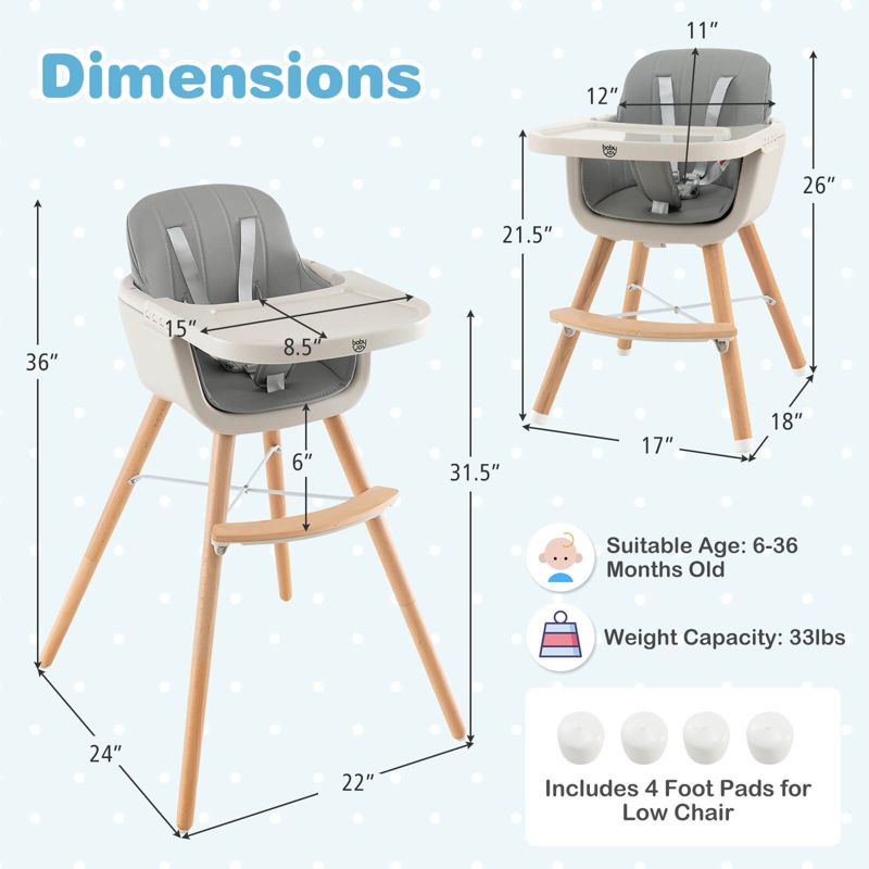 Babyjoy 3 in 1 Convertible Wooden High Chair Toddler Feeding Chair with Cushion Gray/Beige/Yellow/Pink/Dark Grey/Black, 3 of 11