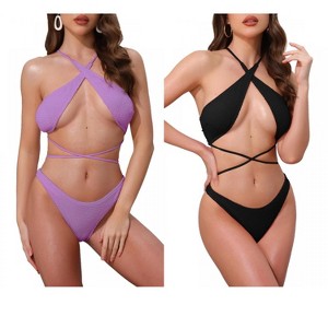INSPIRE CHIC Women's Criss Cross Backless Ribbed Strappy Top Triangle Bottom Swimwear Bikini Suits 2 Sets - 1 of 4