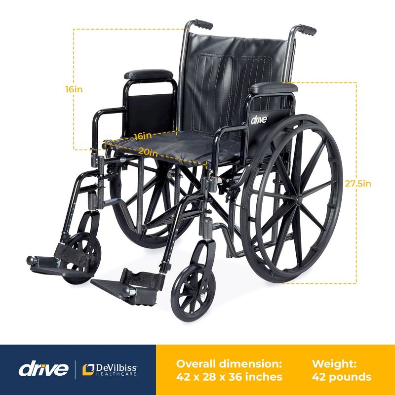 Drive Medical SSP220DDA-SF Silver Sport 2 Mobility Aid Wheelchair with 20 Inch Wide Seat, Powder Coated Steel Frame, and Swing Away Foot Rests, Black, 2 of 7