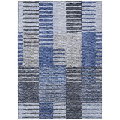 Denim Blue And Navy Blue Striped Washable Indoor Outdoor Area Rug