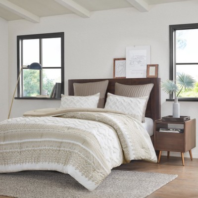 Lyngins 3-Piece Farmhouse Cotton Comforter Set, Tufted White Chevron Chenille, Botanic Print, Oeko-Tex Certified, Full/Queen Bedding Set