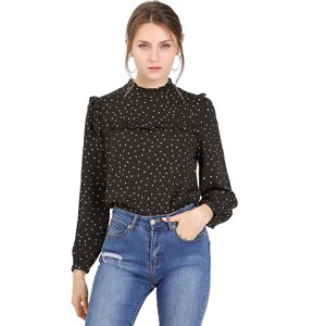 Allegra K Women's Vintage Ruffle Stand Collar Long Sleeves Polka Dots Blouse - 1 of 4