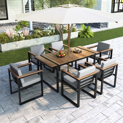 7 Piece Outdoor Patio Dining Set,Patio Dining Table and 6 Chairs Set,Modern Garden Dining Furniture Set with Cushions,Umbrella Hole-Coolbibila
