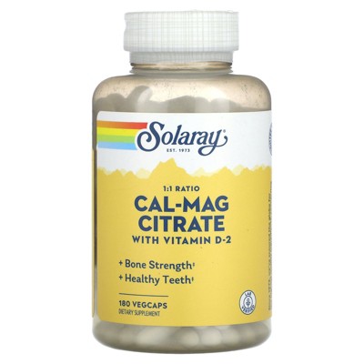 Solaray Cal-Mag Citrate with Vitamin D-2, 1:1 Ratio, 180 Vegcaps