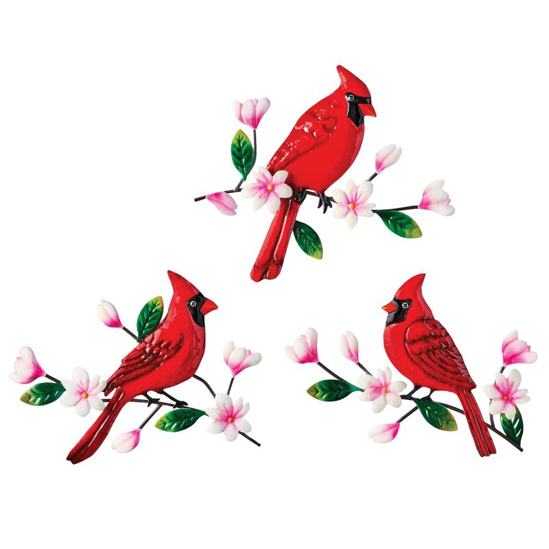 Collections Etc Hand-Painted Cardinals and Cherry Blossoms Wall Trio Set 10" x 0.75" x 8", 1 of 3