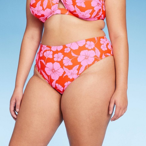 Women's High Leg Extra Cheeky Low-Rise Bikini Bottom - Wild Fable™  Orange/Pink Tropical Print X