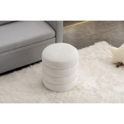 Okak Modern Round Ottoman Bench Vanity Stool Chair Soft Boucle Upholstered Makeup Footrest Stool for Couch Living Room Bedroom Entrance, White