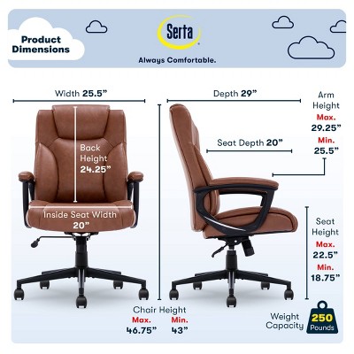 Cognac Bonded Leather Executive Swivel Chair with High Back and Fixed Arms