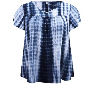 Women's Plus Size Tie Dye Pleated V Neck Ruffle Sleeve Casual Holiday Blouses - GRACE & GRANDEUR - 1 of 4