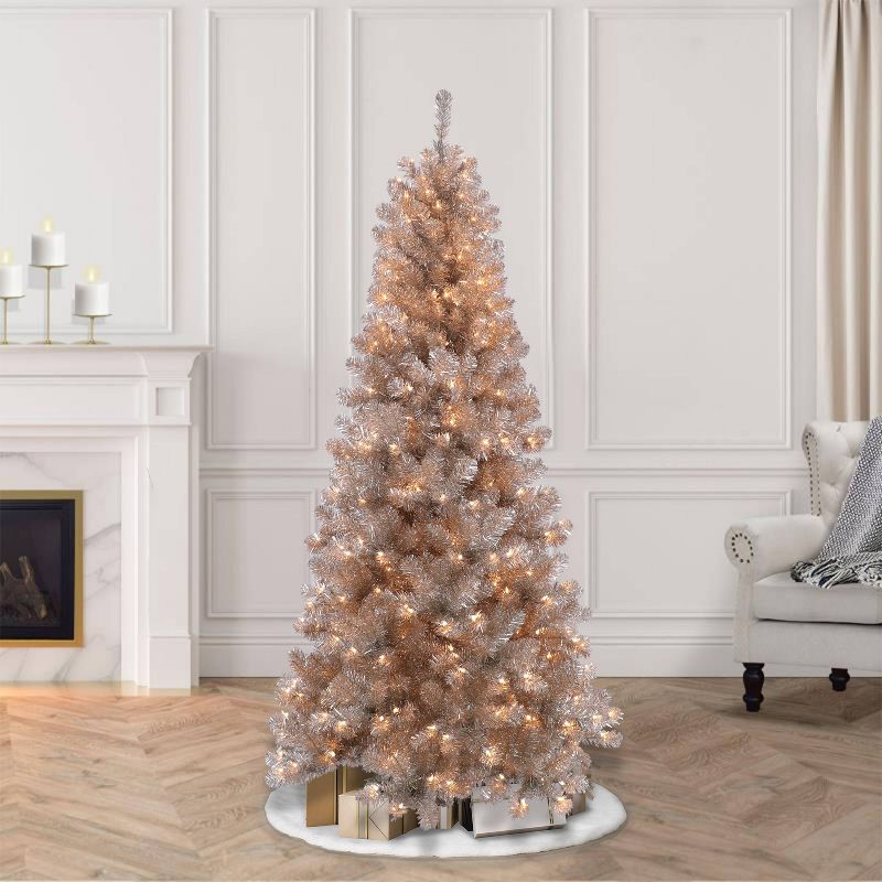 6.5ft Pre-Lit Rose Gold Tinsel Artificial Christmas Tree - Puleo, 2 of 4