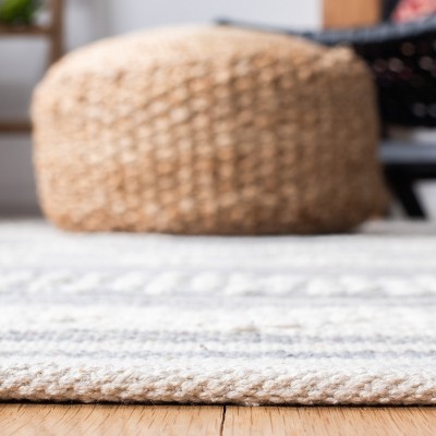 Ivory and Silver Striped Flat Woven Wool Cotton Area Rug