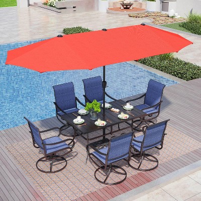 Captiva Designs 8pc Patio Dining Set with Rectangular steel table & Padded Sling Swivel Chairs & Market Umbrella