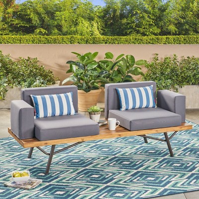 2-Seater Outdoor Sofa with Water-Resistant Cushions, Acacia Wood Frame and Iron Legs, Modern Patio Seating for Backyard - Coolbibila