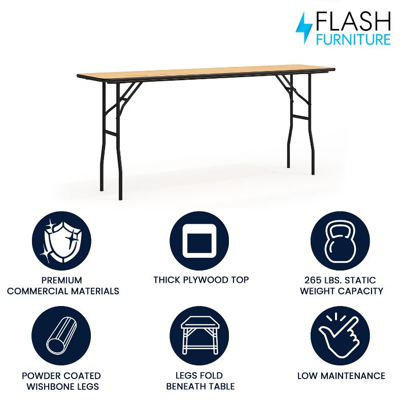 Flash Furniture Gael 6-Foot Rectangular Wood Folding Training / Seminar Table with Smooth Clear Coated Finished Top, 3 of 14