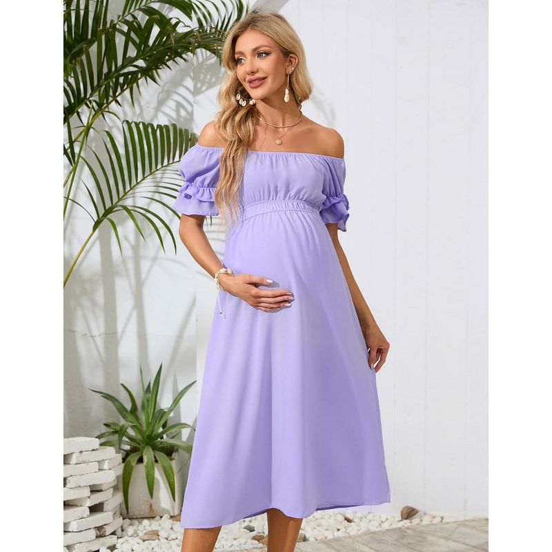 Whizmax Women's Maternity Off Shoulder Dress Ruffle Short Sleeve Summer Casual Flowy Midi Dress Baby Shower Photoshoot, 4 of 9