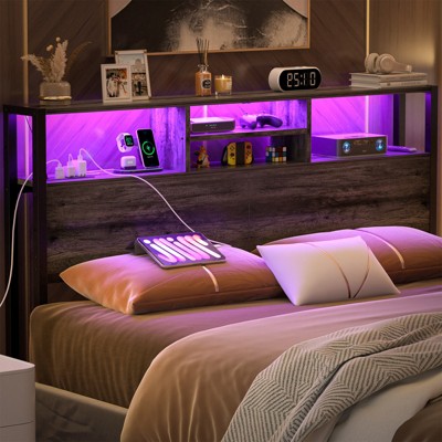 Aheaplus Storage Headboard with Power Outlets & Led Lights, Height Adjustable, Reversible Headboard