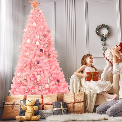 Costway 7.5Ft Hinged Artificial Christmas Tree Full Fir Tree New PVC w/ Metal Stand Pink