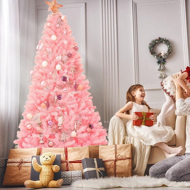 Costway 7.5Ft Hinged Artificial Christmas Tree Full Fir Tree New PVC w/ Metal Stand Pink, 1 of 12