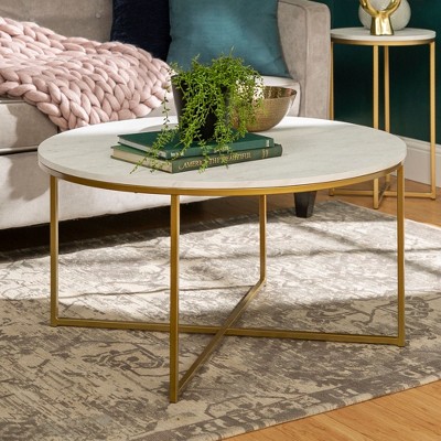 Okak Round/Rectangle Coffee Table with X-shaped Metal Base and Faux Marble Top Mid-Century Modern for Living Room