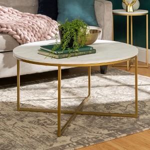 Okak Round/Rectangle Coffee Table with X-shaped Metal Base and Faux Marble Top Mid-Century Modern for Living Room - 1 of 4