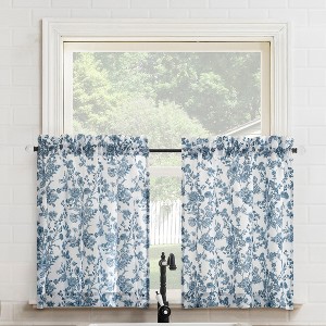 No. 918 2pc 54"x24" Elara Floral Print Semi-Sheer Rod Pocket Kitchen Curtain Tier Pair Indigo - 1 of 4