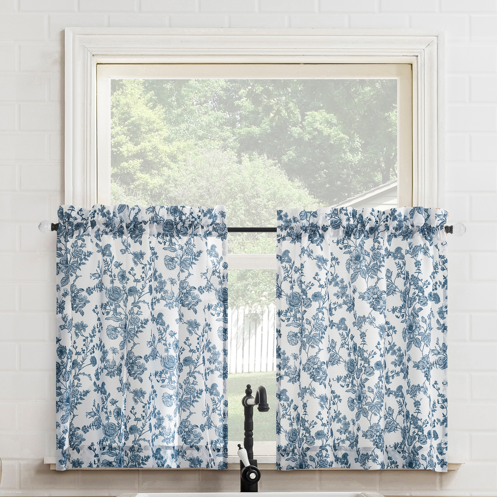 No. 918 2pc 54"x24" Elara Floral Print Semi-Sheer Rod Pocket Kitchen Curtain Tier Pair Indigo