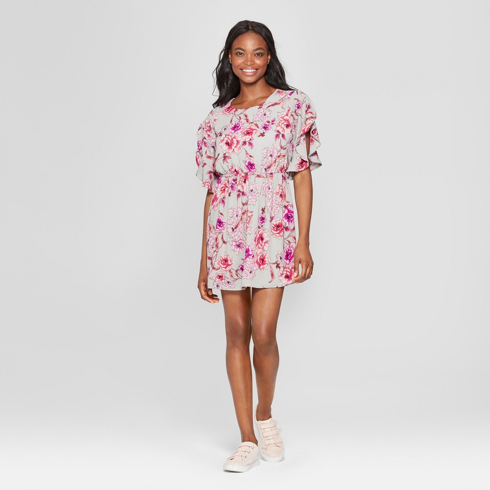Women's Floral Print Flutter Sleeve Dress - Lily Star (Juniors') Gray S, Size: Small was $29.98 now $8.99 (70.0% off)