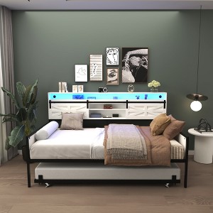 Twin Size Daybed with Trundle, Sliding Barn Door Headboard and Charging Station - 1 of 4