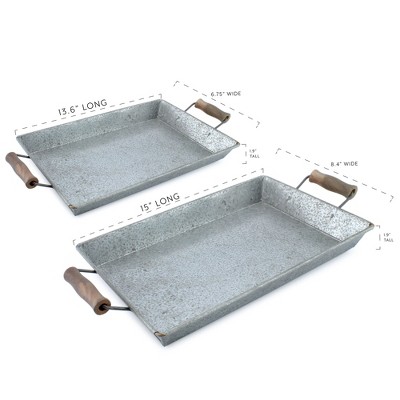 Silver Galvanized Rectangular Trays with Wooden Handles, Set of 2
