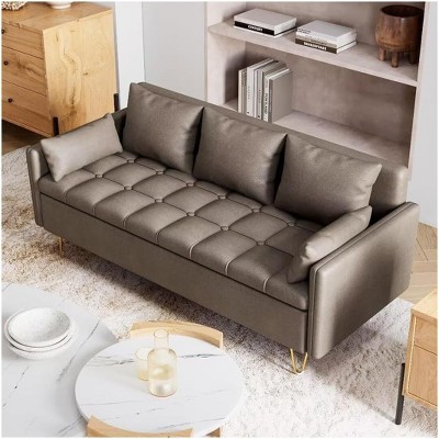 Modern 63.8" 3-Seater Sofa Couch in Light Brown Leather with Gold Metal Legs, Lift-Up Storage Compartment, Soft Foam Cushions & 2 Pillows