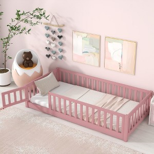 APRILSOUL Pink Twin Floor Platform Bed with Fence, Safety Door and 7-Slat Pine Frame, Kid-Friendly Design - 1 of 4