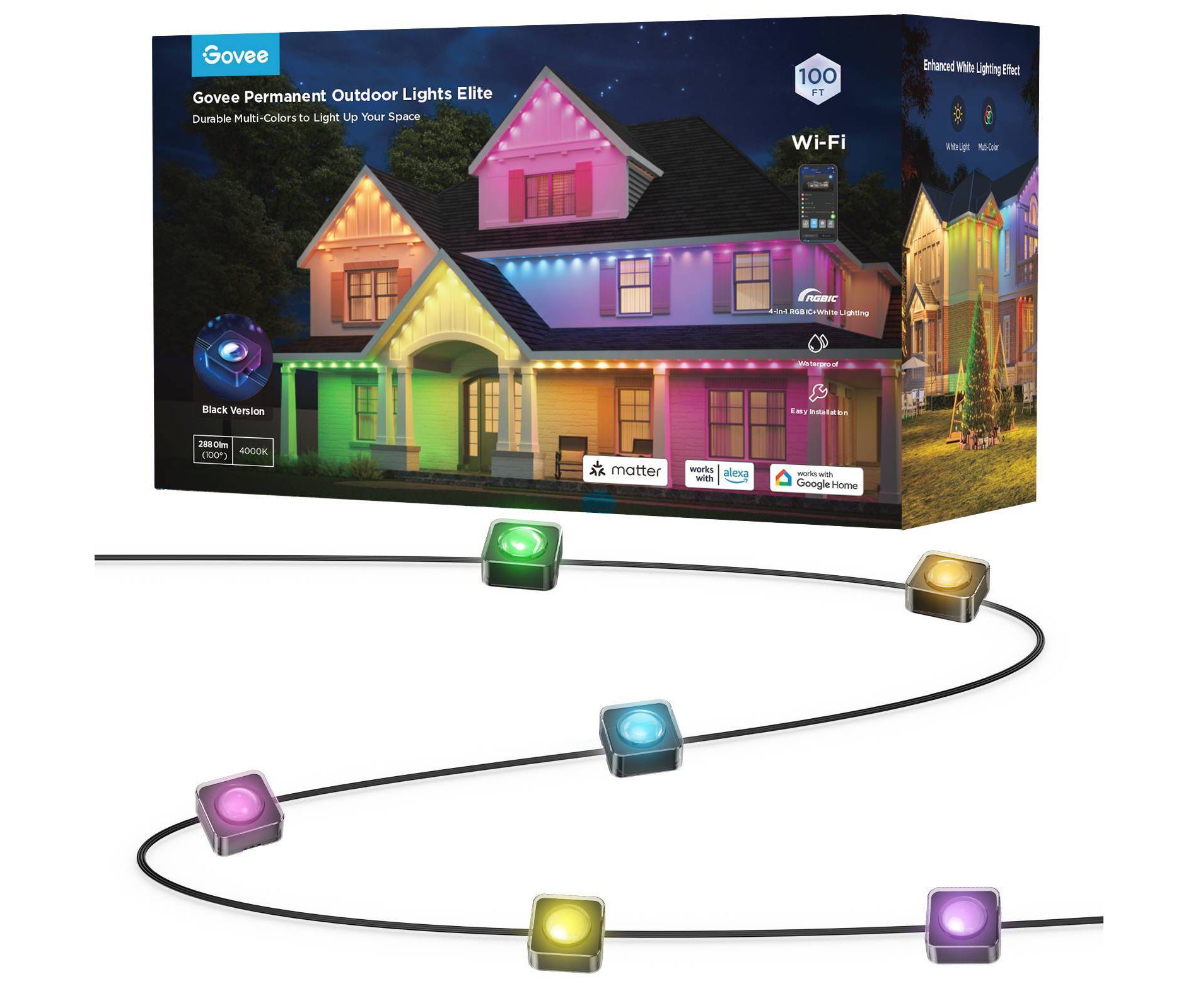 Govee 100ft RGBICW Black Permanent Outdoor Lights Elite: Multicolored LED String Lighting