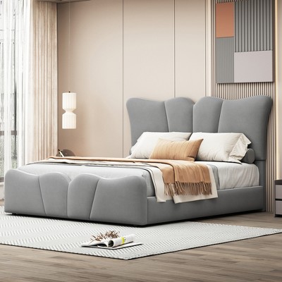 Full/Twin Size Upholstered Platform Bed Frame Velvet Upholstered Bed with Petal-shaped Headboard 4S -ModernLuxe