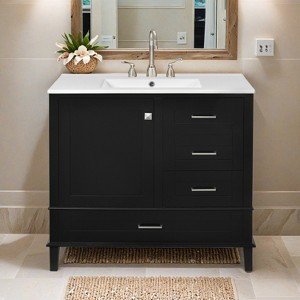 36" Black Bathroom Vanity with Solid Pine Frame, 1 Soft Close Door and 3 Drawers , Modern Storage Cabinet - Leovsnove - 1 of 4