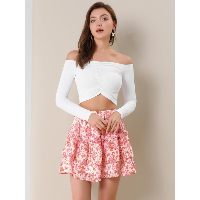 Allegra K Women's Layered Ruffle Hem Elastic Waist A-Line Skater Floral Mini Skirt, 4 of 7