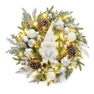 Christmas Wreath with Lights 22 Inches Winter Gnome Wreaths with Silver White Balls Pine Cones for Front Door Christmas Decorations - 1 of 4